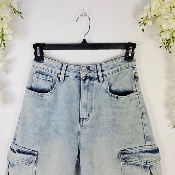 Rise Supply Co Size 7 Acid Wash Cargo Dad Jorts Y2K Utility Denim Streetwear - Picture 3 of 13